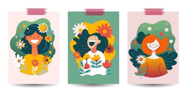 Beautiful happy woman card poster set Summer and spring flower girl smile