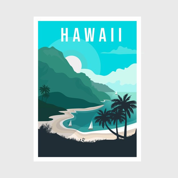 Beautiful Hawaii beach poster design illustration seascape surf adventure poster