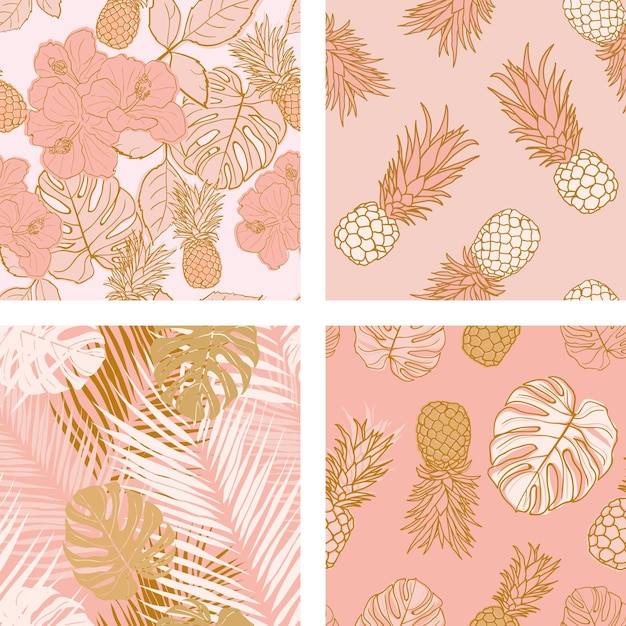 Beautiful hibiscus flowers leaves pineapples seamless pattern background set Tropical nature