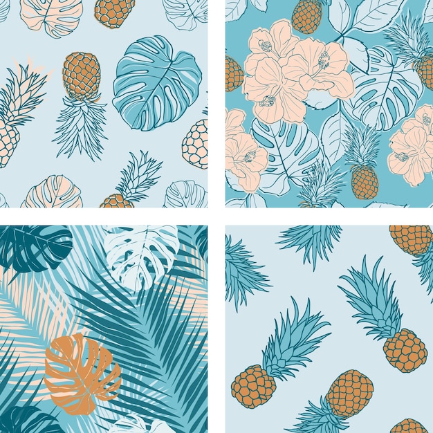 Beautiful hibiscus flowers leaves pineapples seamless pattern background set Tropical nature