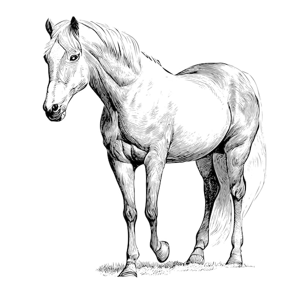 Beautiful horse standing hand drawn engraving style sketch Vector illustration