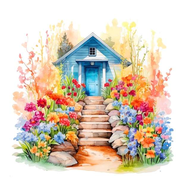 Beautiful house among flowers watercolor paint