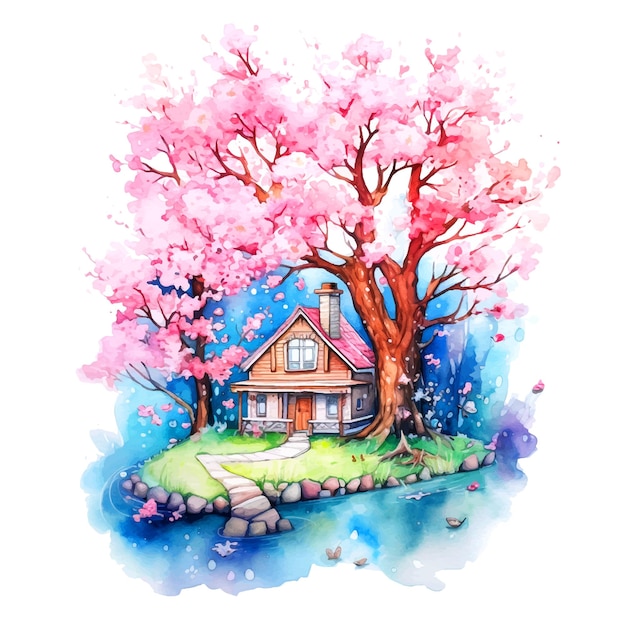 Beautiful house under the pink tree watercolor paint ilustration