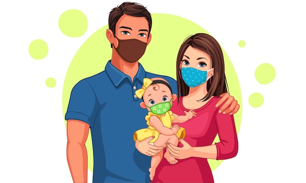 Beautiful illustration of family of father, mother and daughter wearing mask