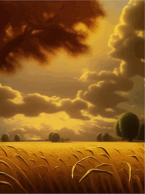 Vector beautiful illustration field of ripe wheat against blue sky sunny day vector illustration