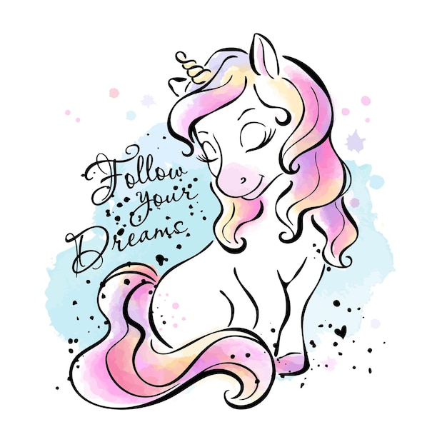 Beautiful illustration Little unicorn Fashionable ink and watercolor style Follow your dreams text