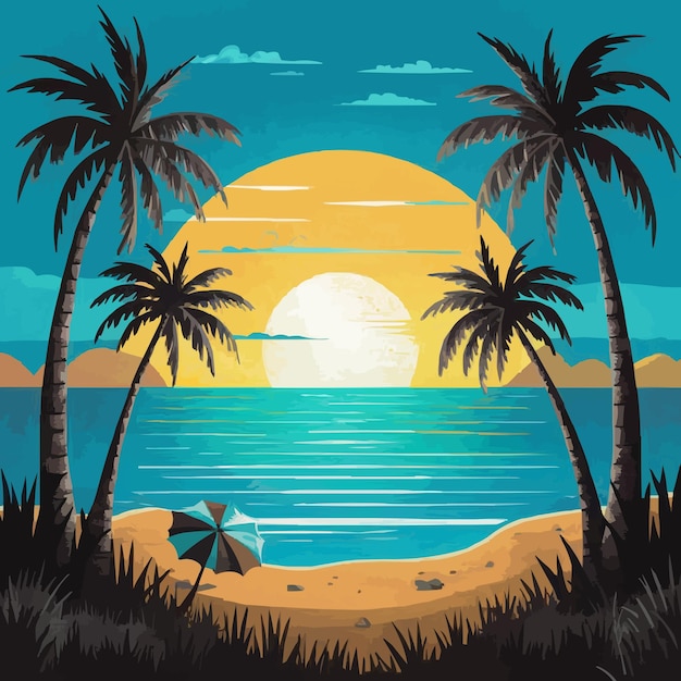 Beautiful illustration of a palmlined beach at sunrise