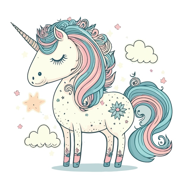 Beautiful illustration unicorn fashionable ink and watercolor style