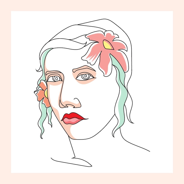 Beautiful illustrations with one line woman face and female face in modern style  with Flower