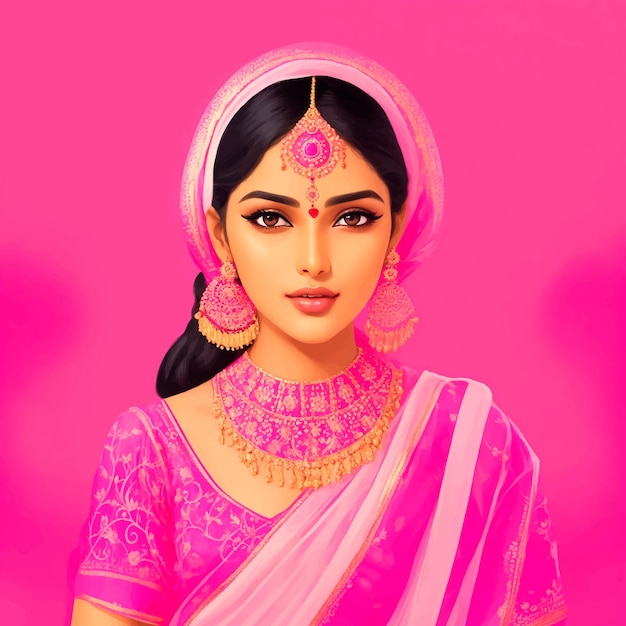 Vector beautiful indian woman in traditional clothes on pink background illustration