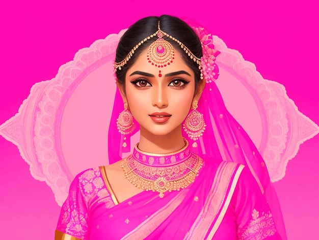 beautiful indian woman in traditional clothes on pink background illustration