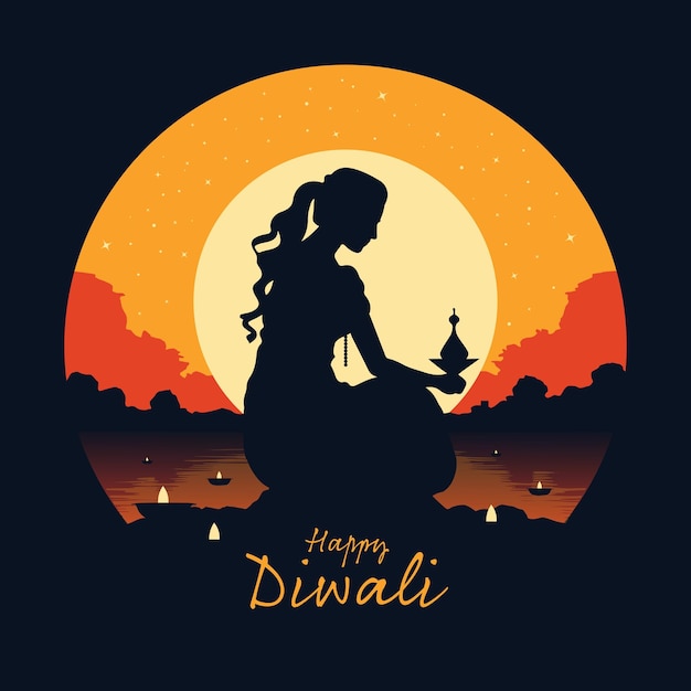 Beautiful Indian woman with diwali diya on dark background