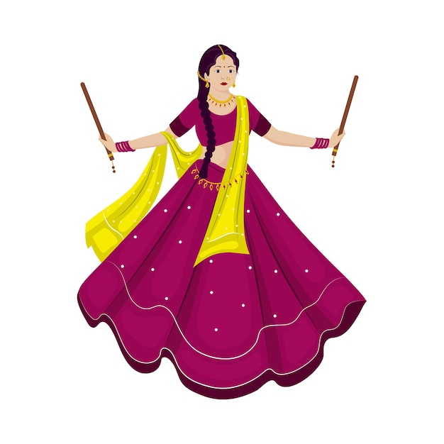 Beautiful Indian Young Woman Playing Dandiya In Traditional Attire On White Background