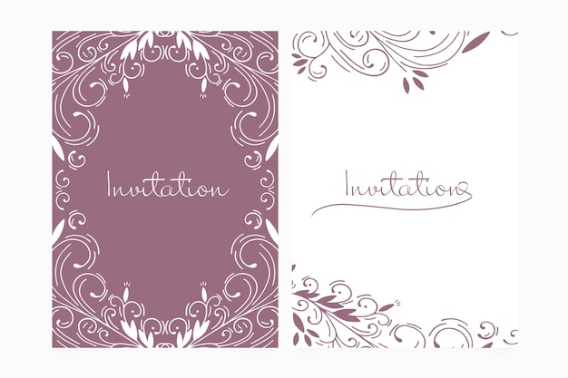 Vector beautiful invitation card set with copy space for your text. decorative hand drawn openwork vector for design on a pale mauve and white background. invitation for wedding, valentine's day, birthday.