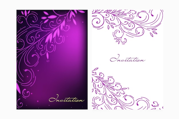 Vector beautiful invitation card set with copy space for your text. openwork vector heart with the stars. decorative vector for design on a dark purple and white background.