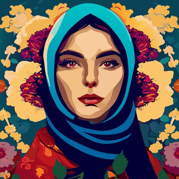 Vector beautiful iranian woman wearing hijab with proud gaze women's freedom protests hand drawn