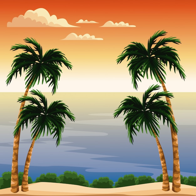 Beautiful island cartoon at sunset 