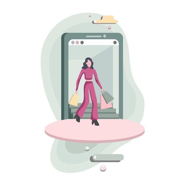 Beautiful lady holding bags going to shopping online Big sales and discounts Purchase of goods via Internet Consumer society Vector flat illustration in pink and gray colors