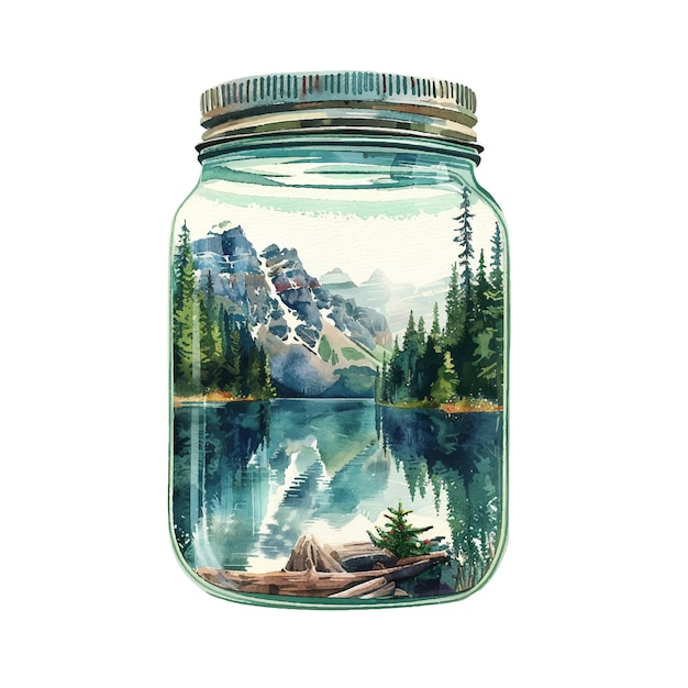 beautiful lake scene in jar vector illustration in watercolour style