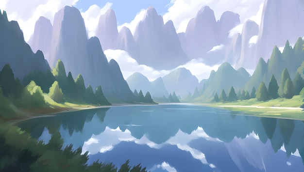 Beautiful Lake Surrounded with Snowy Mountains and Hills Scenery Detailed Hand Drawn Painting Illustration