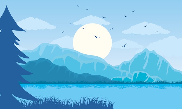 Vector beautiful landscape blue color scene with lake illustration