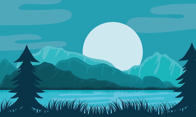 Vector beautiful landscape blue color scene with lake and sun illustration