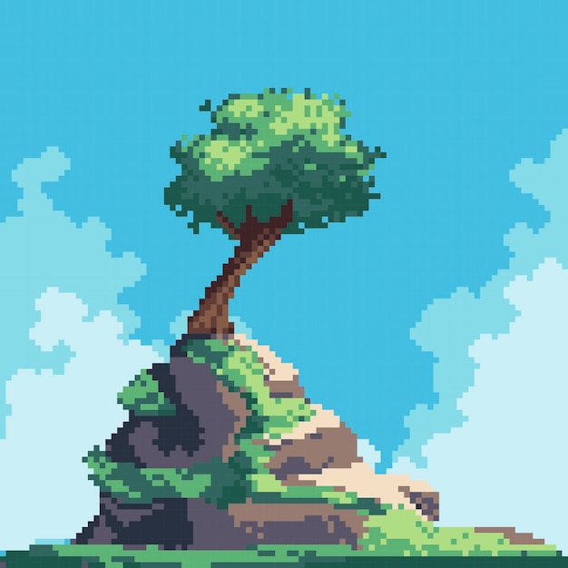 Beautiful landscape pixel art Tree on hill scenic view 8 bit sprite