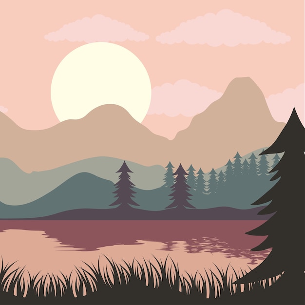 Vector beautiful landscape sunset scene with lake and pines illustration