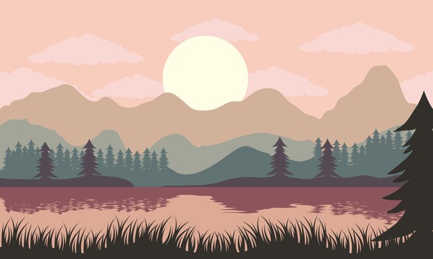 Vector beautiful landscape sunset scene with lake and pines trees illustration