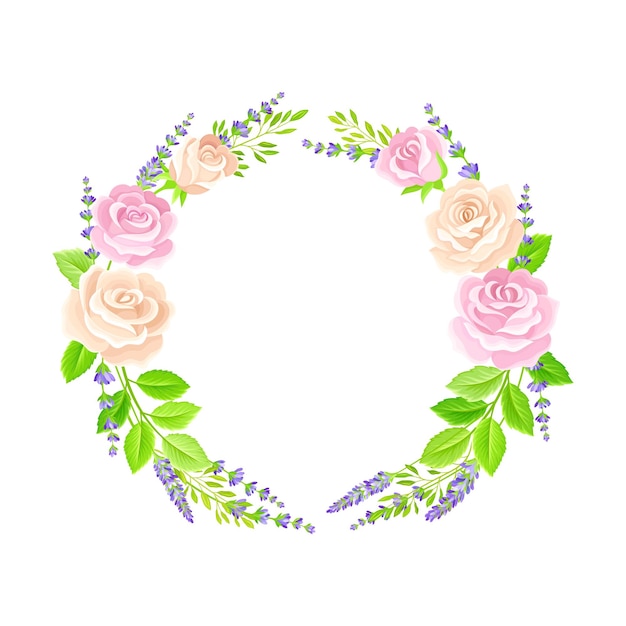 Vector beautiful lavender twigs and pink roses arranged in circle wreath vector illustration