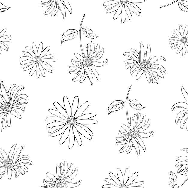 Beautiful line art seamless pattern with summer flowers