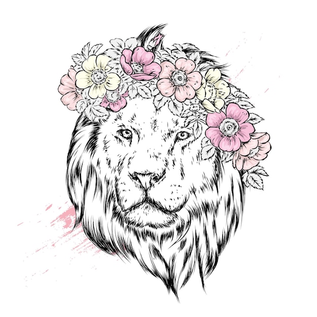 Beautiful lion in a flower wreath