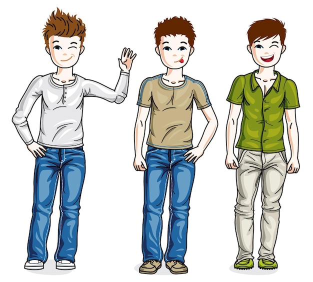 Beautiful little boys cute children standing wearing different casual clothes. Vector kids illustrations set. Childhood and family lifestyle cartoons.