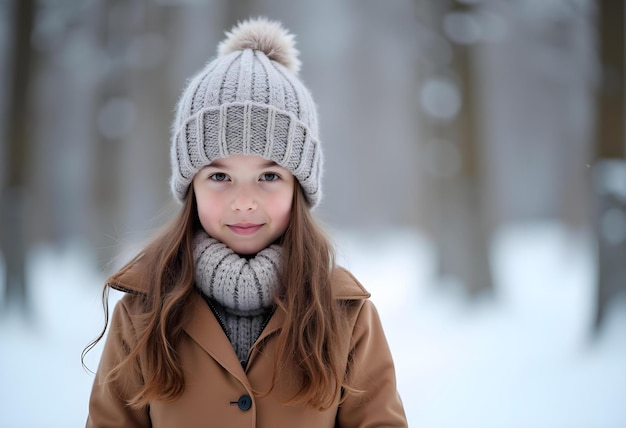 Vector beautiful little girl in winter sportswear with winter snow background