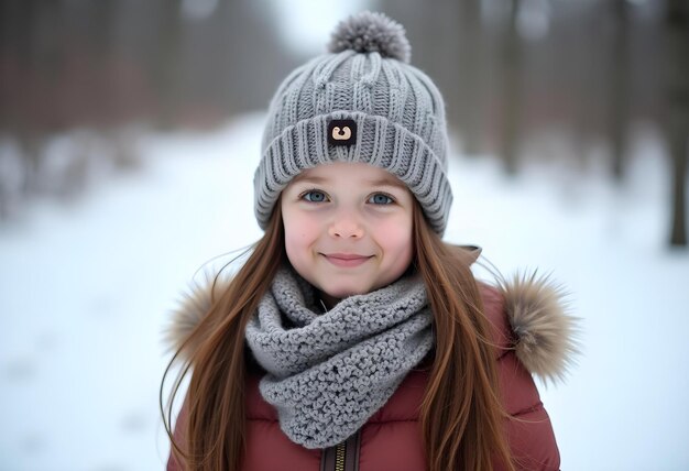 Vector beautiful little girl in winter sportswear with winter snow background