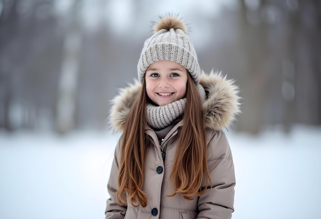 Vector beautiful little girl in winter sportswear with winter snow background