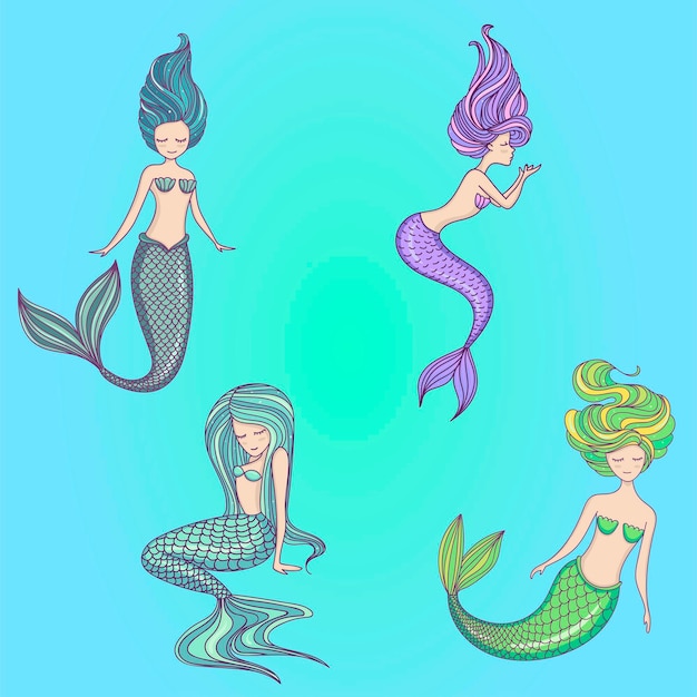 Beautiful little mermaid set Siren Sea theme Hand drawn vector illustration