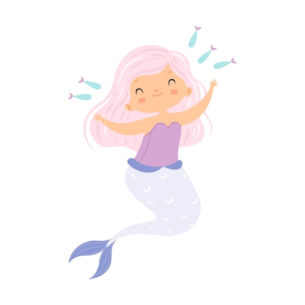 Beautiful little mermaid with pink hair playing with fishes cute sea princess character vector