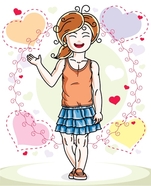 Beautiful little red-haired girl posing on colorful backdrop with romantic hearts. Vector kid illustration.