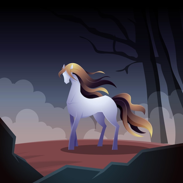 Beautiful Long Hair Horse Mare Standing in Foggy Forest Jungle Fantasy Illustration