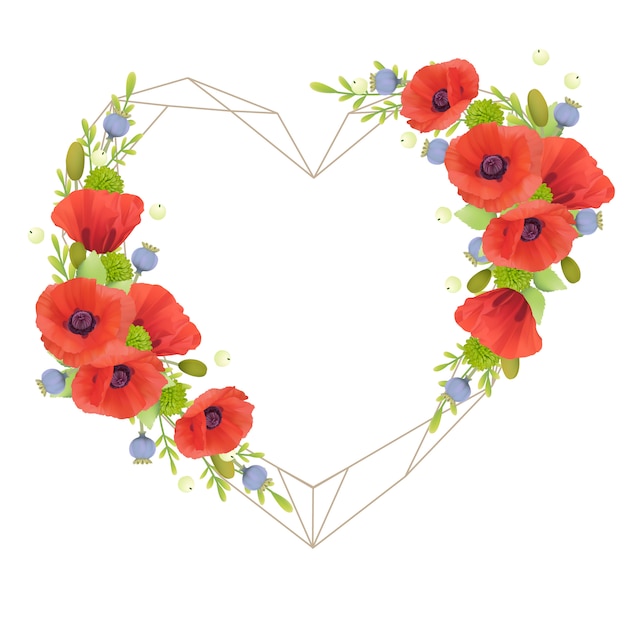 Beautiful love frame  with floral red poppy flowers