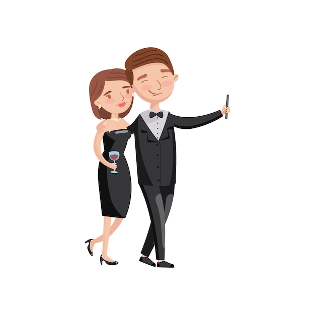 Beautiful loving couple spending time together and making selfie photo cartoon vector Illustration on a white background