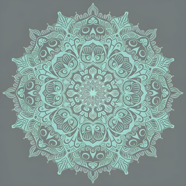 Beautiful Mandala Ornament Design in aquamarine and mint with gray background