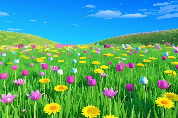 Vector beautiful meadow field with fresh grass and pink and yellow flowers in nature against a clear blue