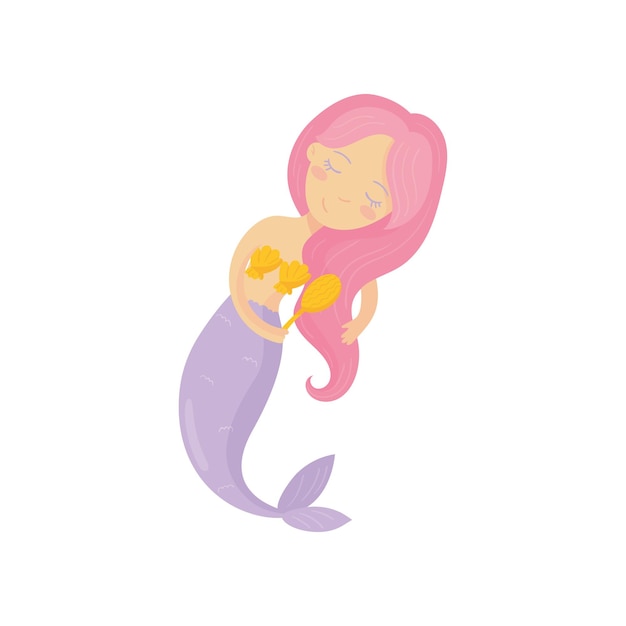 Beautiful mermaid combing her long pink hair Cartoon girl character with shell bra and purple fish tail Mythical underwater creature Colorful flat vector design