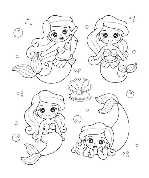 beautiful mermaid hand drawn coloring page