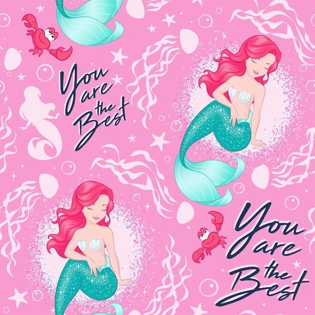 Beautiful mermaid pattern on pink  background. Design for kids. Fashion illustration drawing in modern style for clothes or fabric. Summer print.