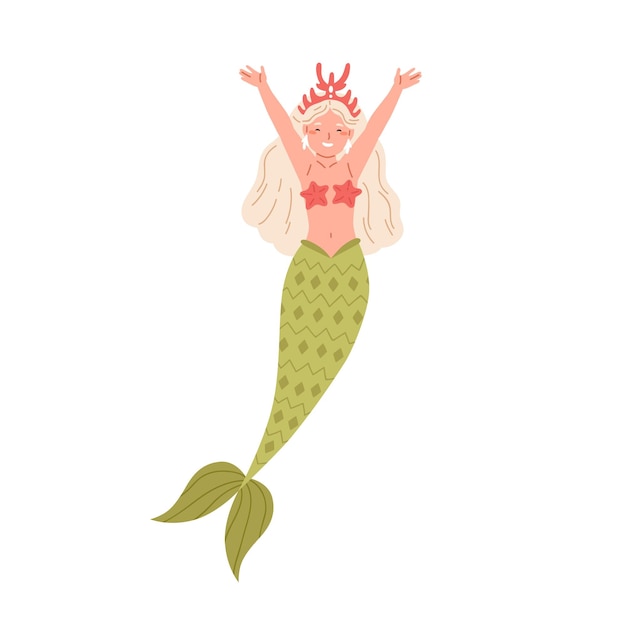 Beautiful mermaid with long blonde hair and fish tail. Cute underwater fairy princess in starfish bra and coral crown with hands raised up. Color flat vector illustration isolated on white background.