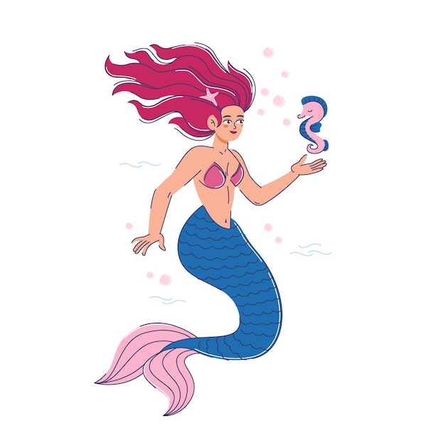 Beautiful mermaid with a small seahorse vector illustration