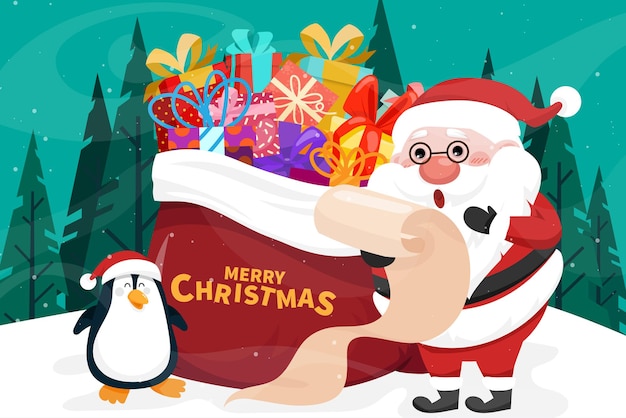 Beautiful merry christmas card with happily santa claus and penquin checking list name with preset box with pine tree